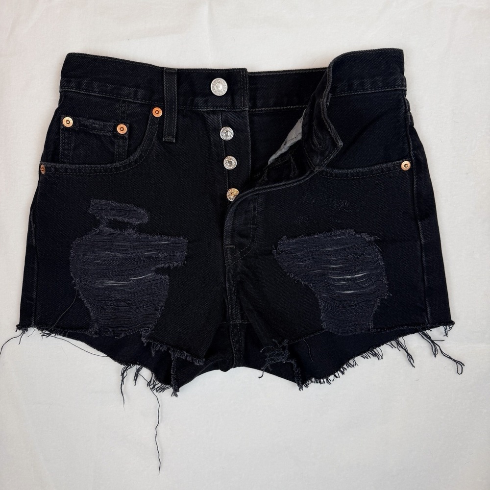 Levi's 501 Black Distressed Thrashed Cutoff Shorts Raw Hem‎ Button Fly Sz 24